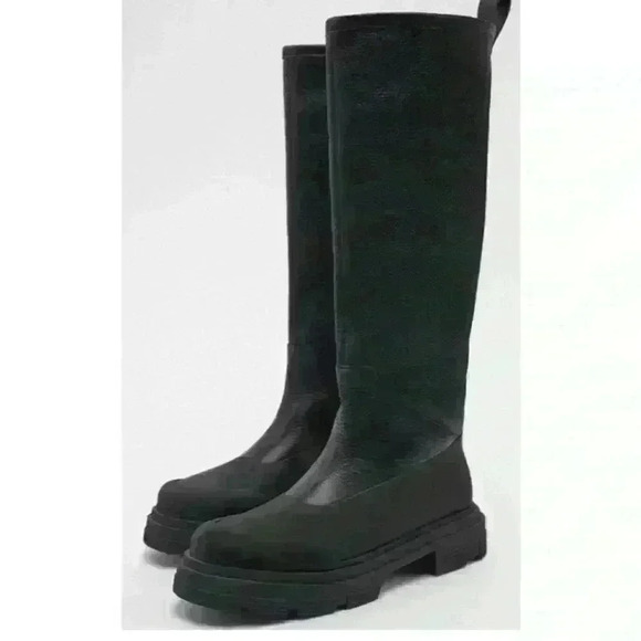 ZARA Faux Shearling Lined Mid-Calf Leather Boots Black Lug Sole Sz 38 - Picture 11 of 14